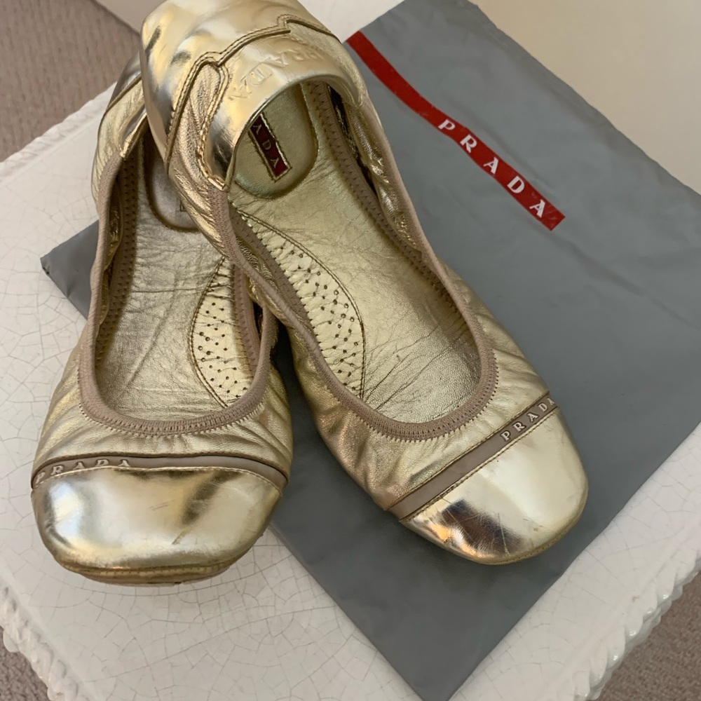 Prada Metallic Gold Leather Ballet Flats Size 39.5